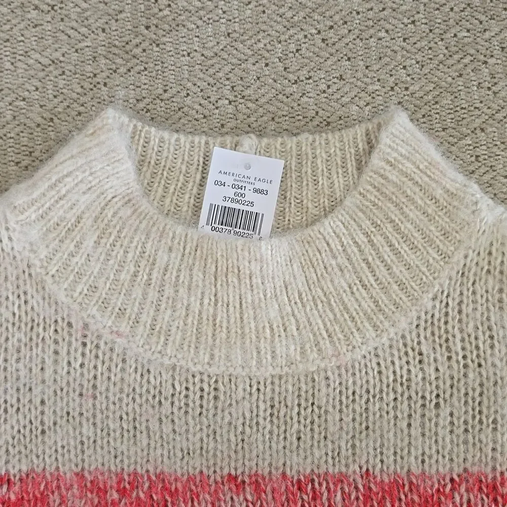 American Eagle Ombre Tan Red Blue Stripe Mock Neck Cozy Sweater - Size Medium - Picture 7 of 13